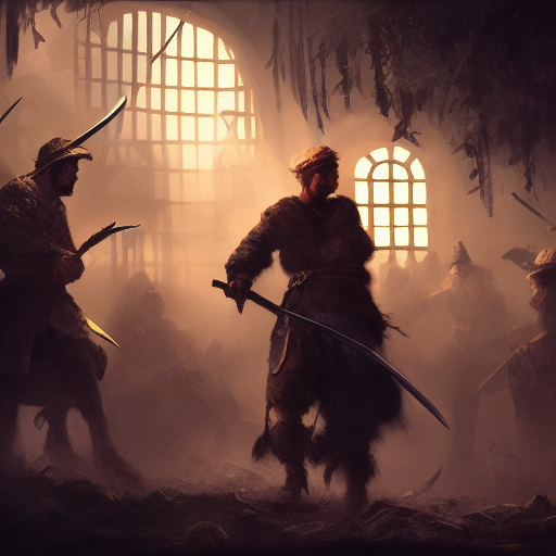 Cole is surrounded by a group of ruthless-looking bandits, their swords and daggers glinting menacingly in the dim light.